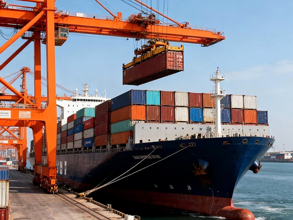 Gantry crane loading a container onto a docked cargo ship