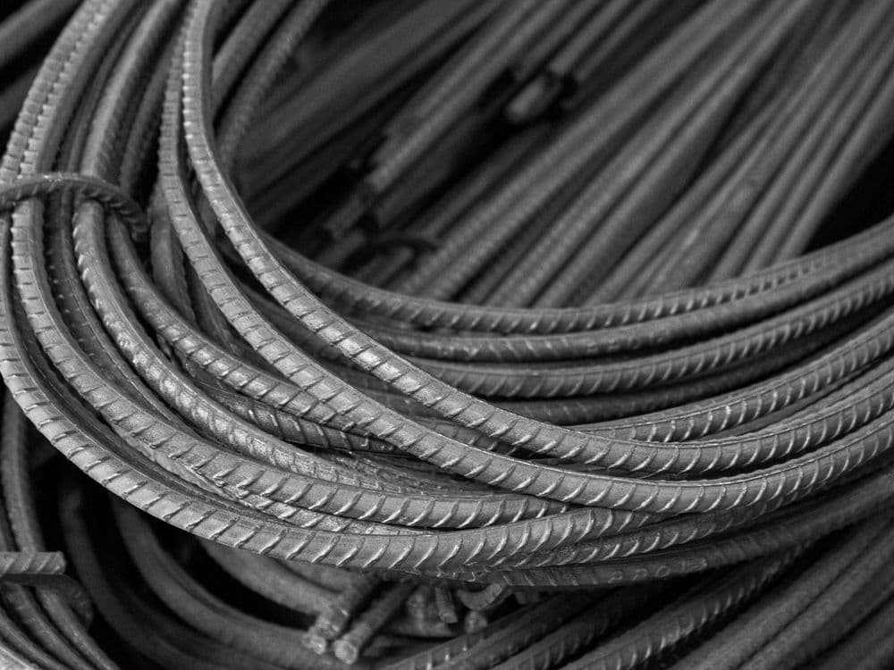 Coiled steel rebar rods used in reinforced concrete construction