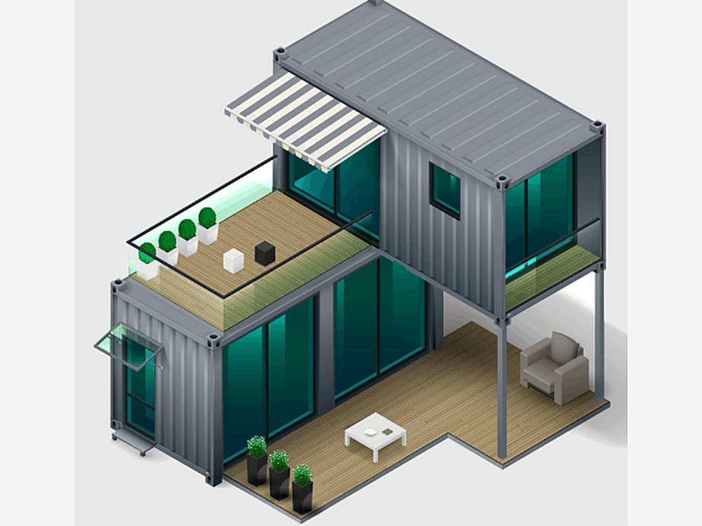 Illustration of a two-story shipping container home with a rooftop deck