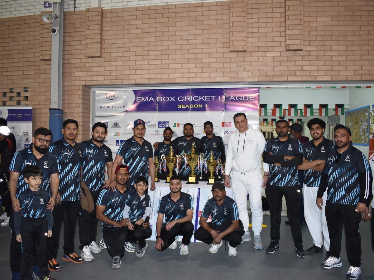 EMA Box Cricket League Season 1 team with the tournament trophies